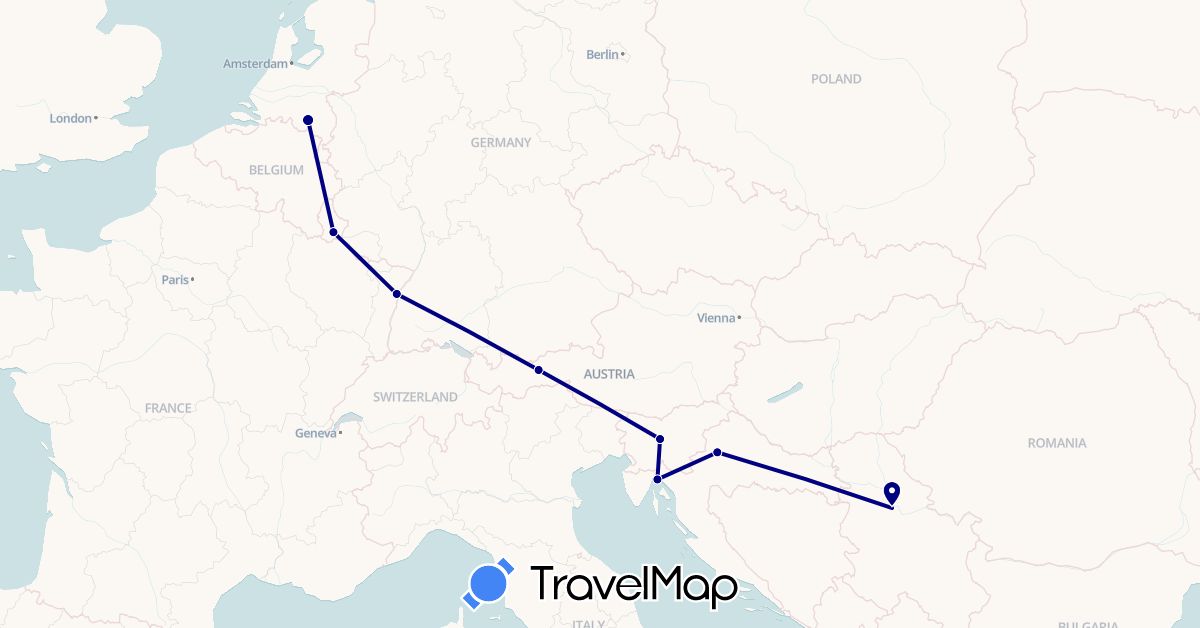 TravelMap itinerary: driving in Austria, France, Croatia, Luxembourg, Netherlands, Serbia, Slovenia (Europe)